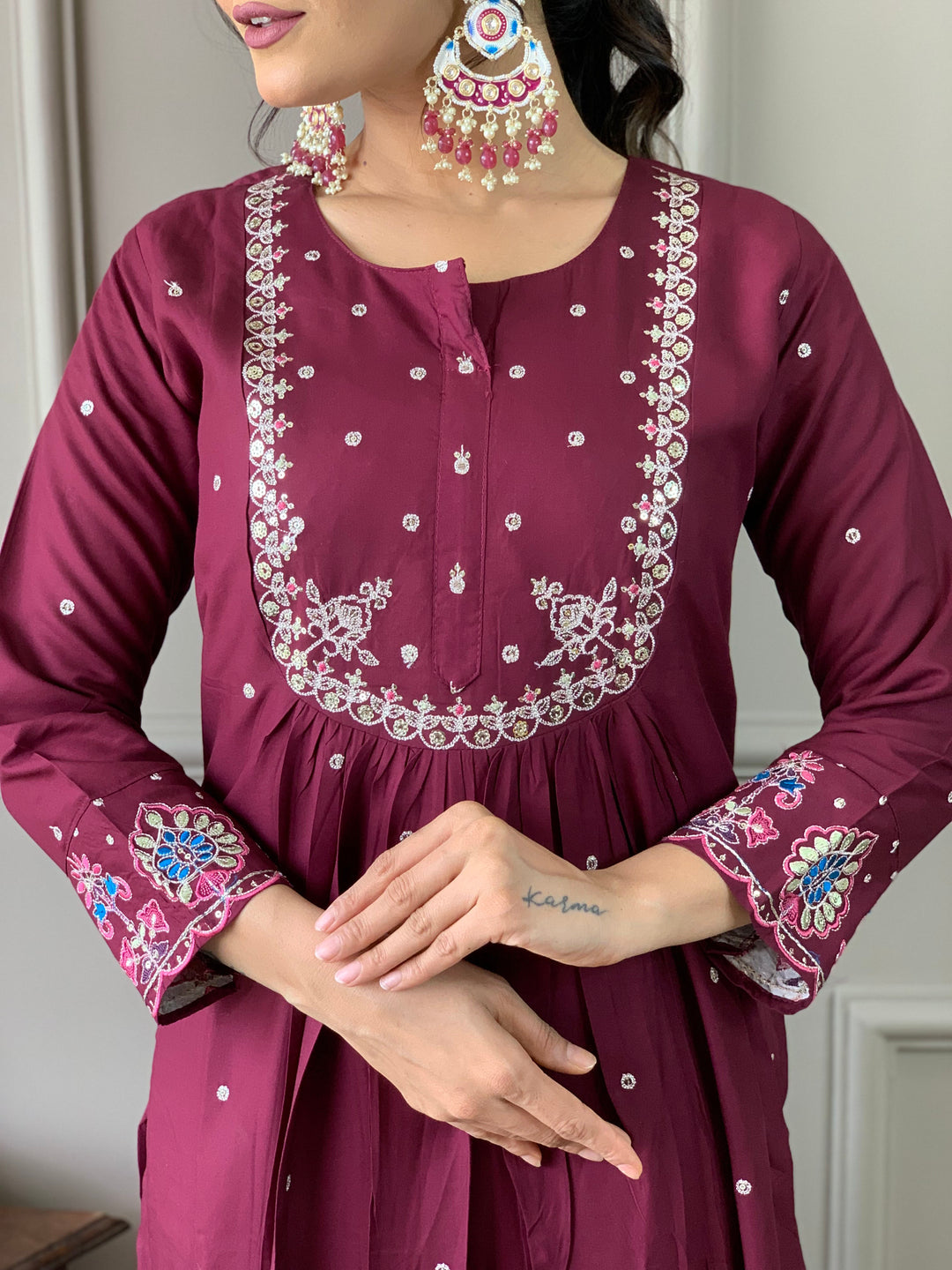 Wine Color Viscose Chanderi Kurti With Pant And Heavy Embroidery Dupatta Set