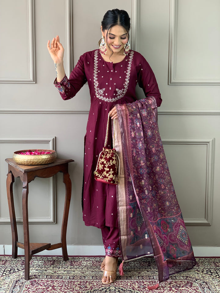 Wine Color Viscose Chanderi Kurti With Pant And Heavy Embroidery Dupatta Set