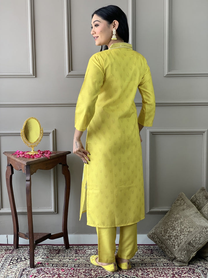Lemon Yellow Color Viscose Chanderi Kurti With Pant And Heavy Embroidery Dupatta Set