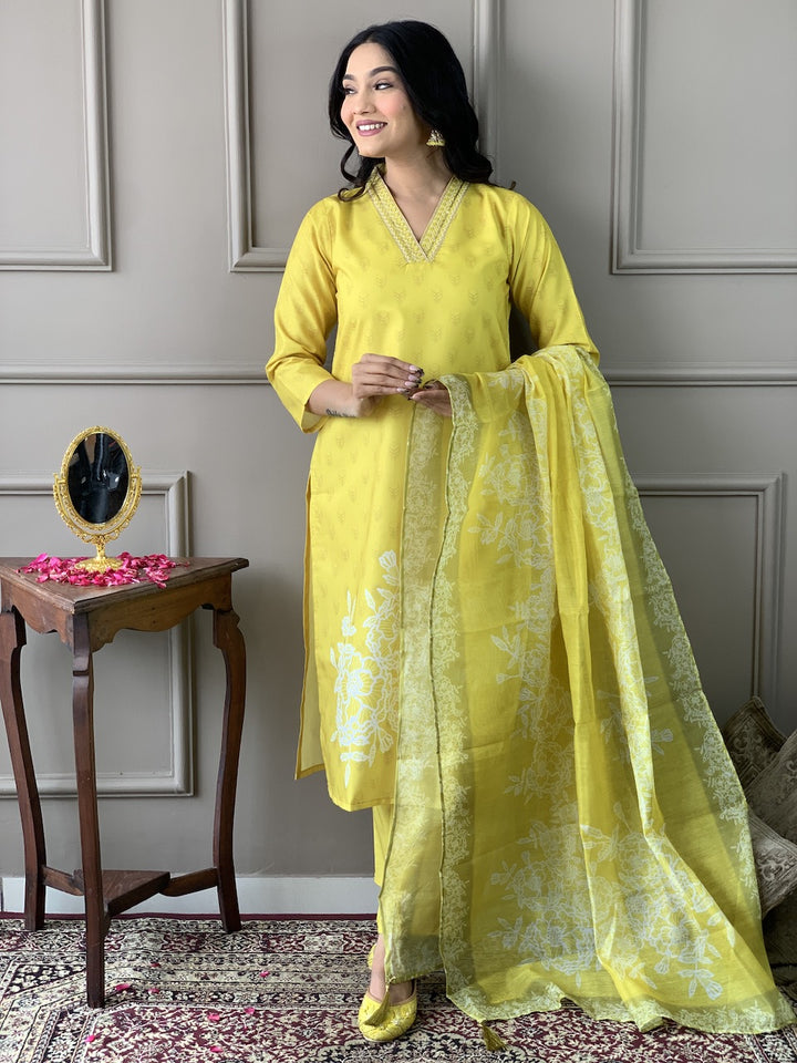 Lemon Yellow Color Viscose Chanderi Kurti With Pant And Heavy Embroidery Dupatta Set
