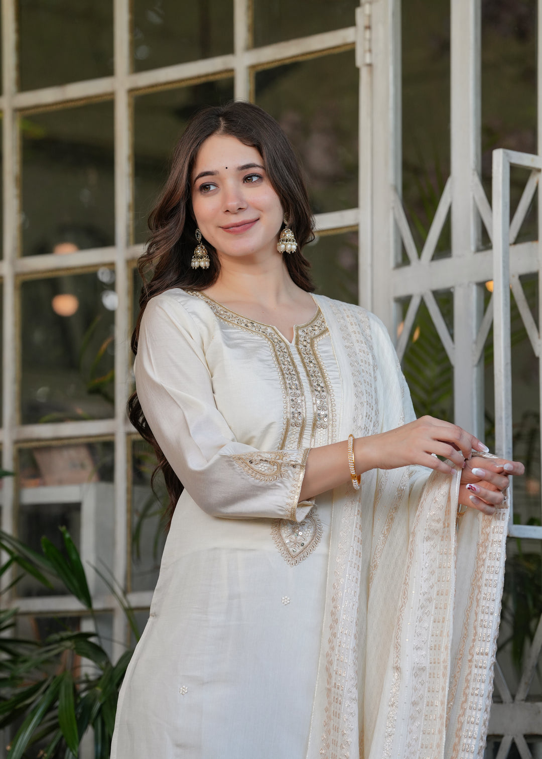 White Color Viscose Chanderi Embroidery Kurti With Viscose Pant And Jacquard Dupatta Set