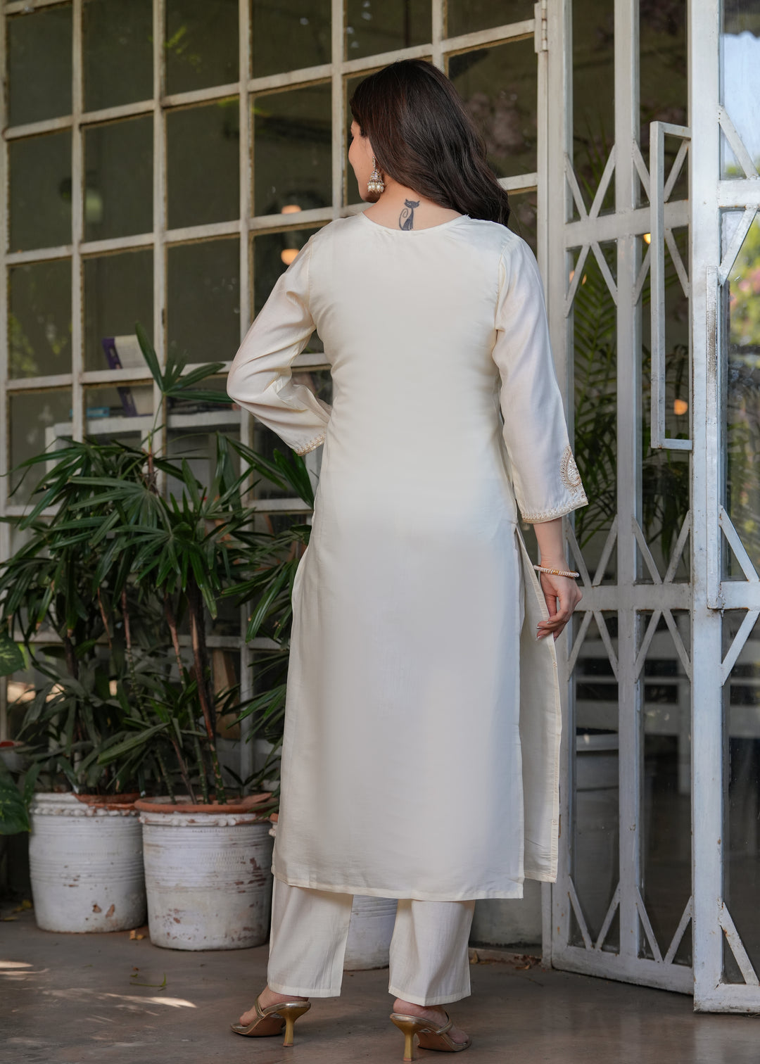 White Color Viscose Chanderi Embroidery Kurti With Viscose Pant And Jacquard Dupatta Set