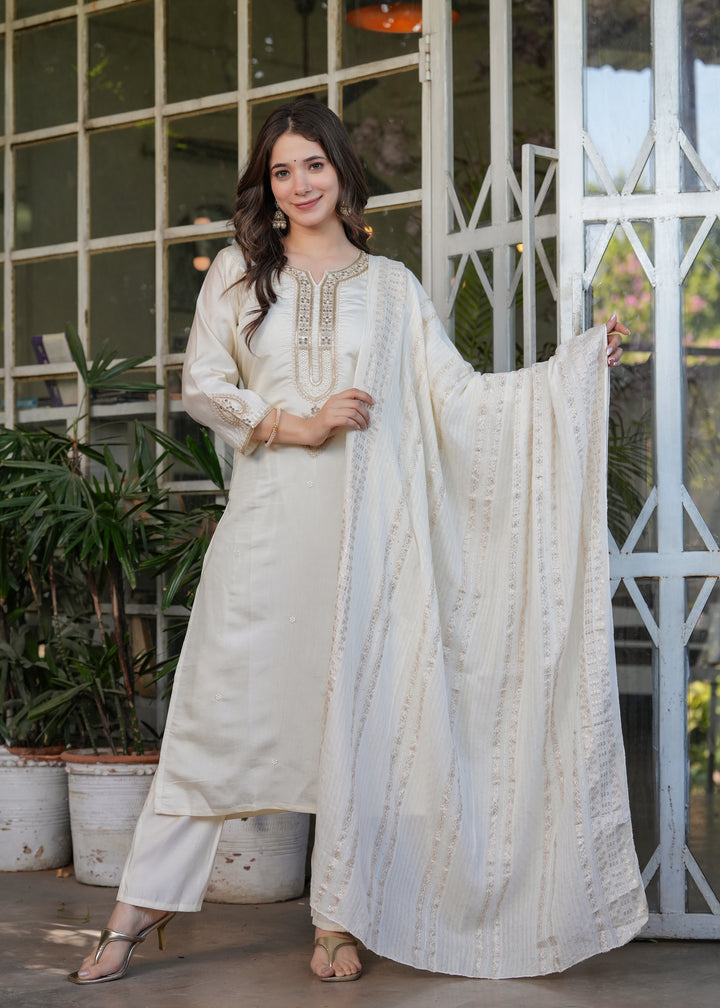 White Color Viscose Chanderi Embroidery Kurti With Viscose Pant And Jacquard Dupatta Set