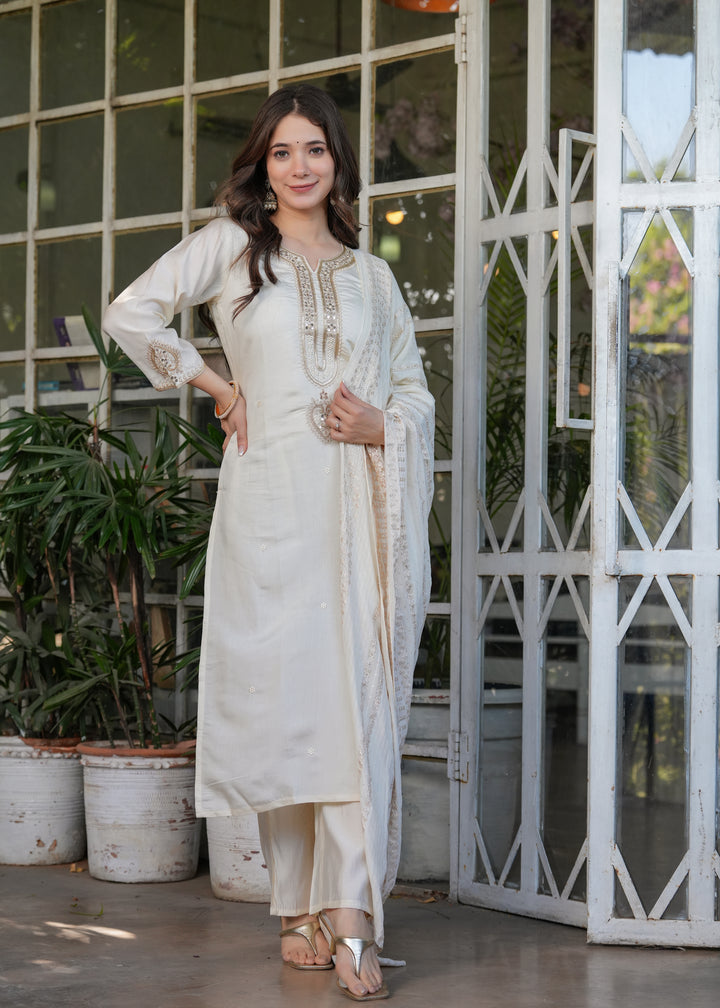 White Color Viscose Chanderi Embroidery Kurti With Viscose Pant And Jacquard Dupatta Set