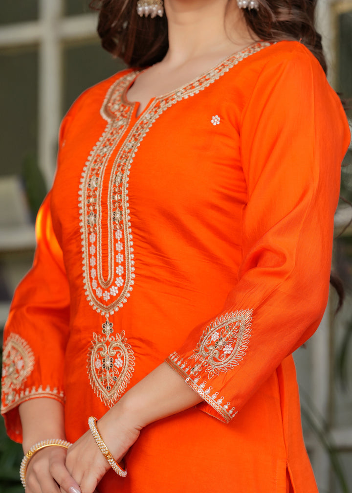 Orange Color Viscose Chanderi Embroidery Kurti With Viscose Pant And Jacquard Dupatta Set