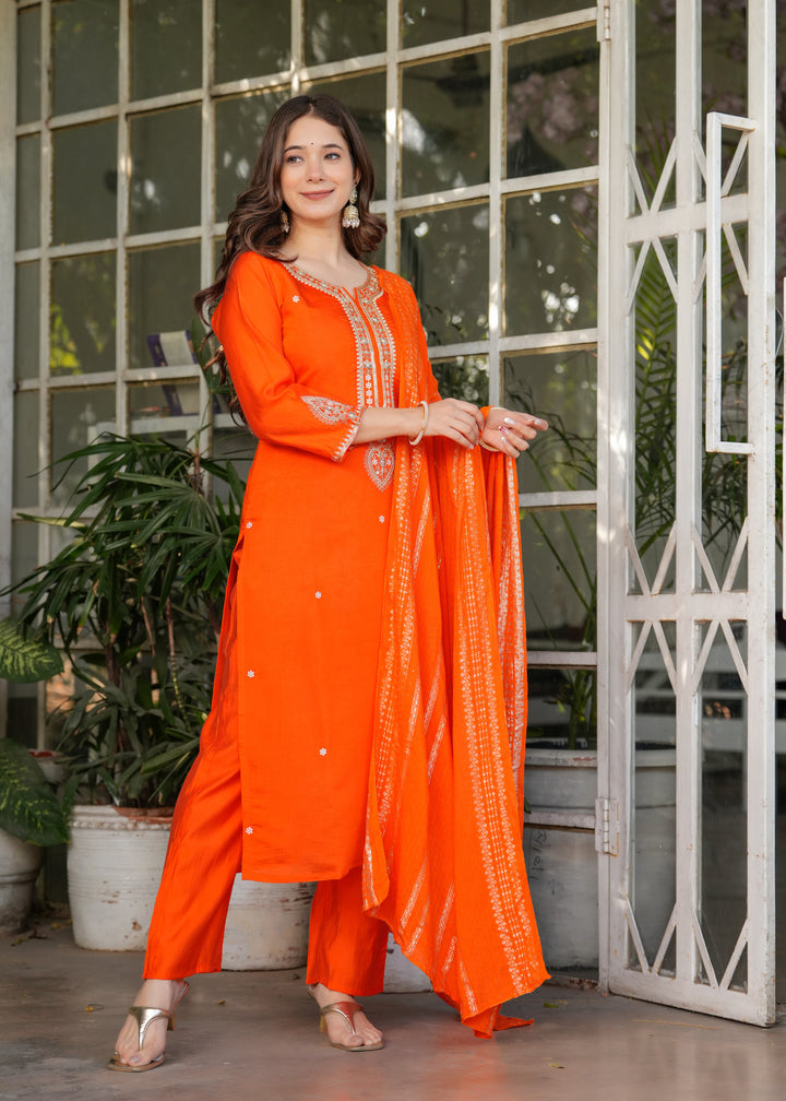 Orange Color Viscose Chanderi Embroidery Kurti With Viscose Pant And Jacquard Dupatta Set