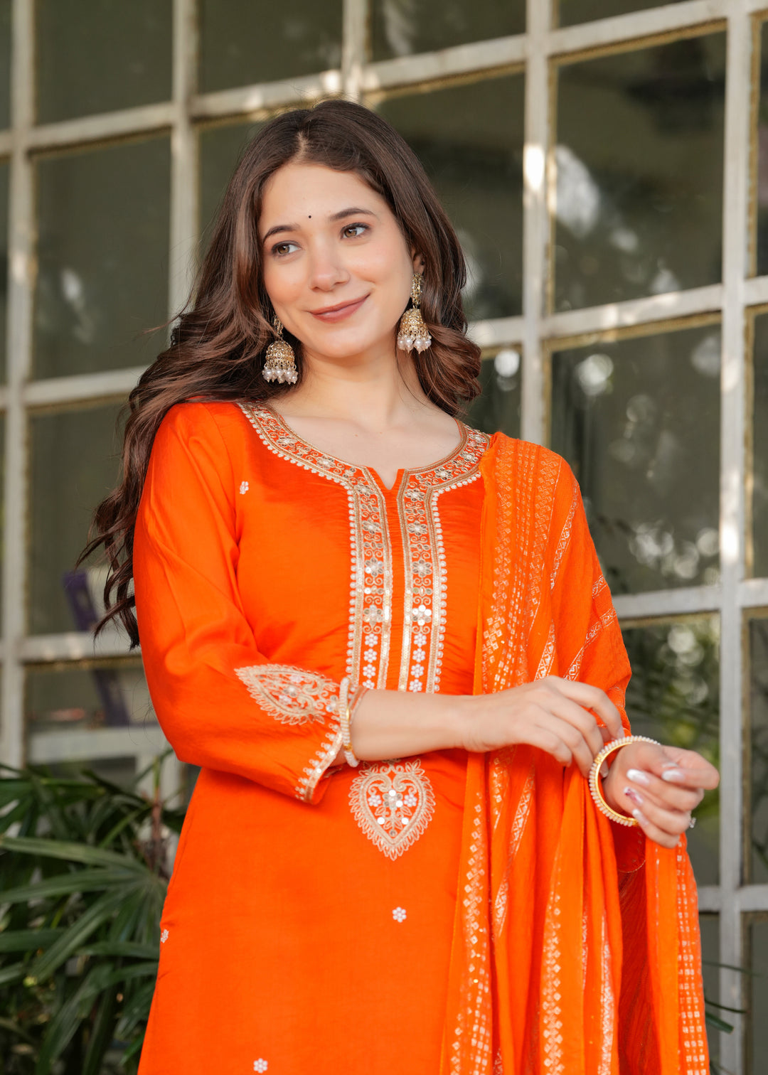 Orange Color Viscose Chanderi Embroidery Kurti With Viscose Pant And Jacquard Dupatta Set
