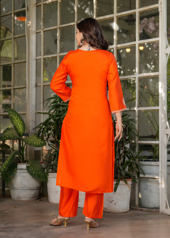 Orange Color Viscose Chanderi Embroidery Kurti With Viscose Pant And Jacquard Dupatta Set