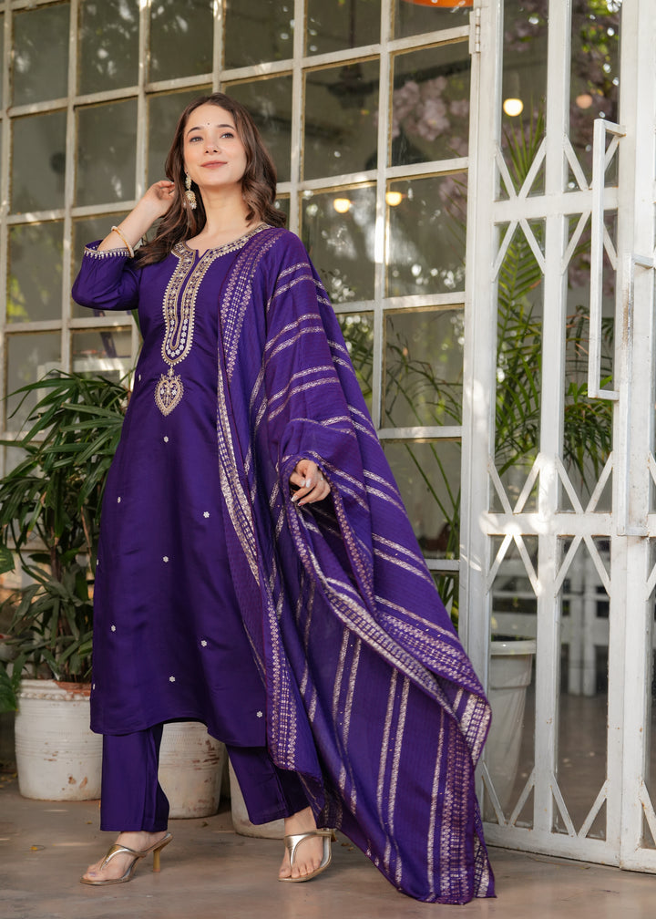 Blue Color Viscose Chanderi Embroidery Kurti With Viscose Pant And Jacquard Dupatta Set