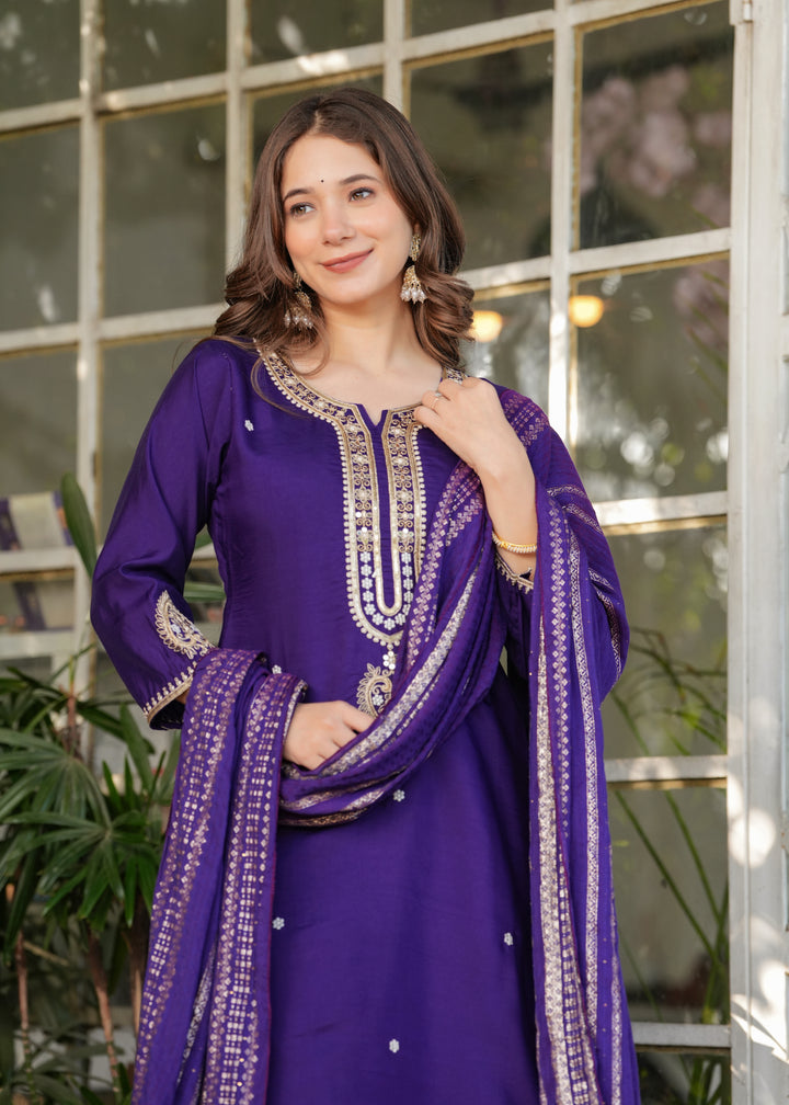 Blue Color Viscose Chanderi Embroidery Kurti With Viscose Pant And Jacquard Dupatta Set