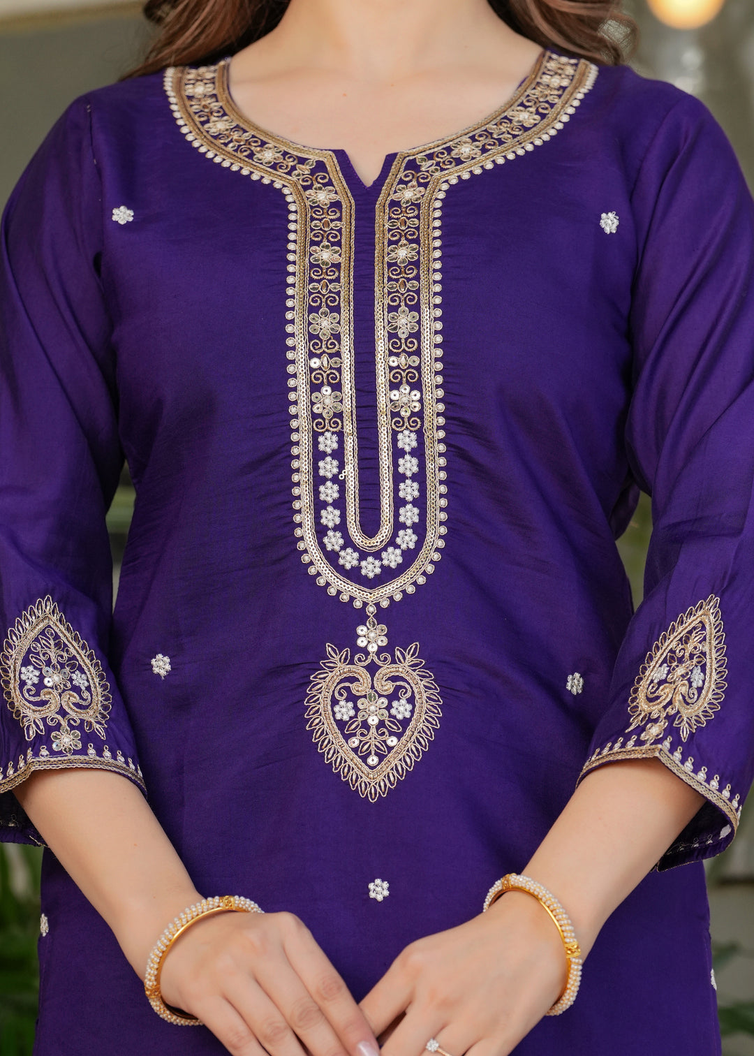 Blue Color Viscose Chanderi Embroidery Kurti With Viscose Pant And Jacquard Dupatta Set