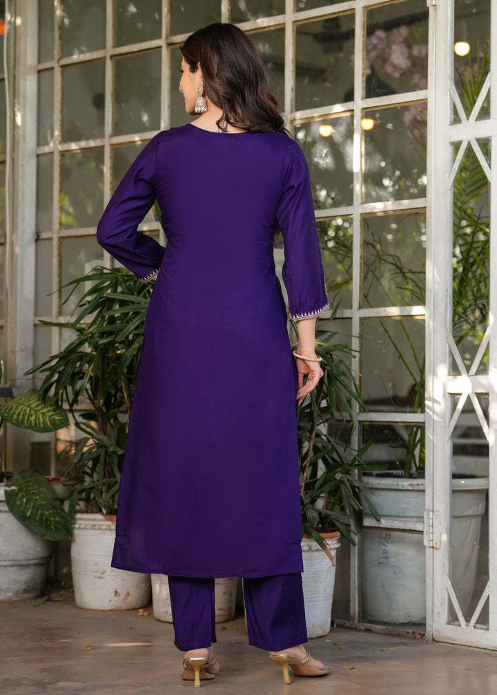 Blue Color Viscose Chanderi Embroidery Kurti With Viscose Pant And Jacquard Dupatta Set