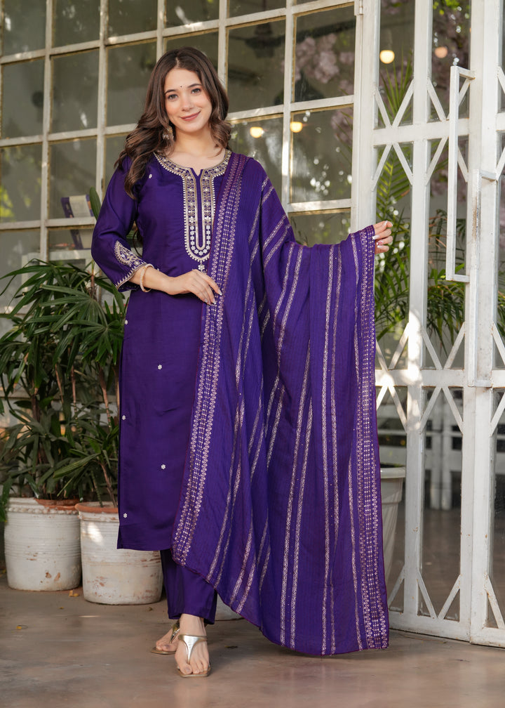 Blue Color Viscose Chanderi Embroidery Kurti With Viscose Pant And Jacquard Dupatta Set