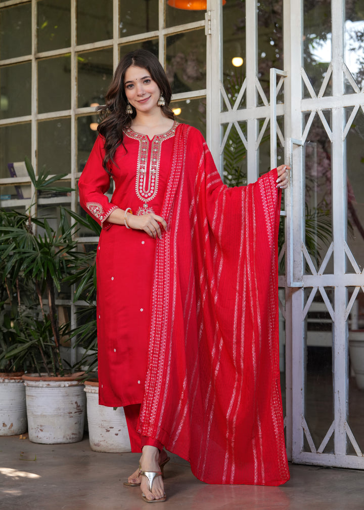 Red Color Viscose Chanderi Embroidery Kurti With Viscose Pant And Jacquard Dupatta Set