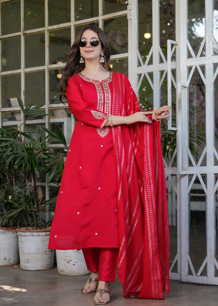 Red Color Viscose Chanderi Embroidery Kurti With Viscose Pant And Jacquard Dupatta Set