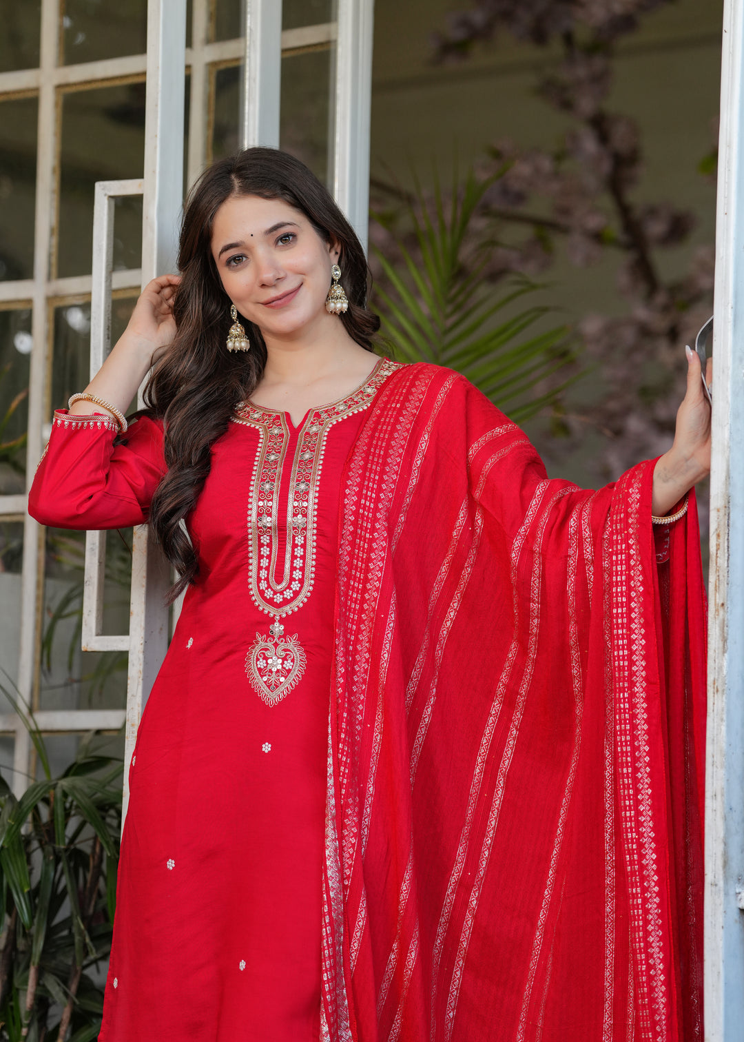 Red Color Viscose Chanderi Embroidery Kurti With Viscose Pant And Jacquard Dupatta Set