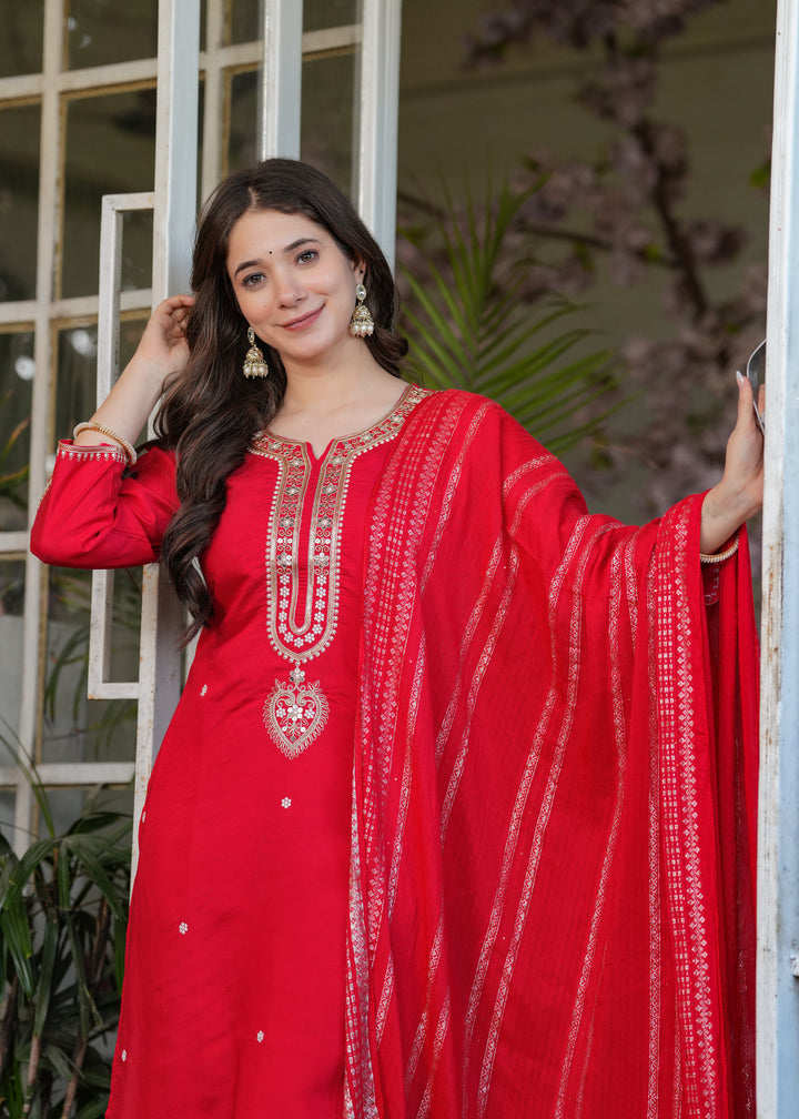 Red Color Viscose Chanderi Embroidery Kurti With Viscose Pant And Jacquard Dupatta Set