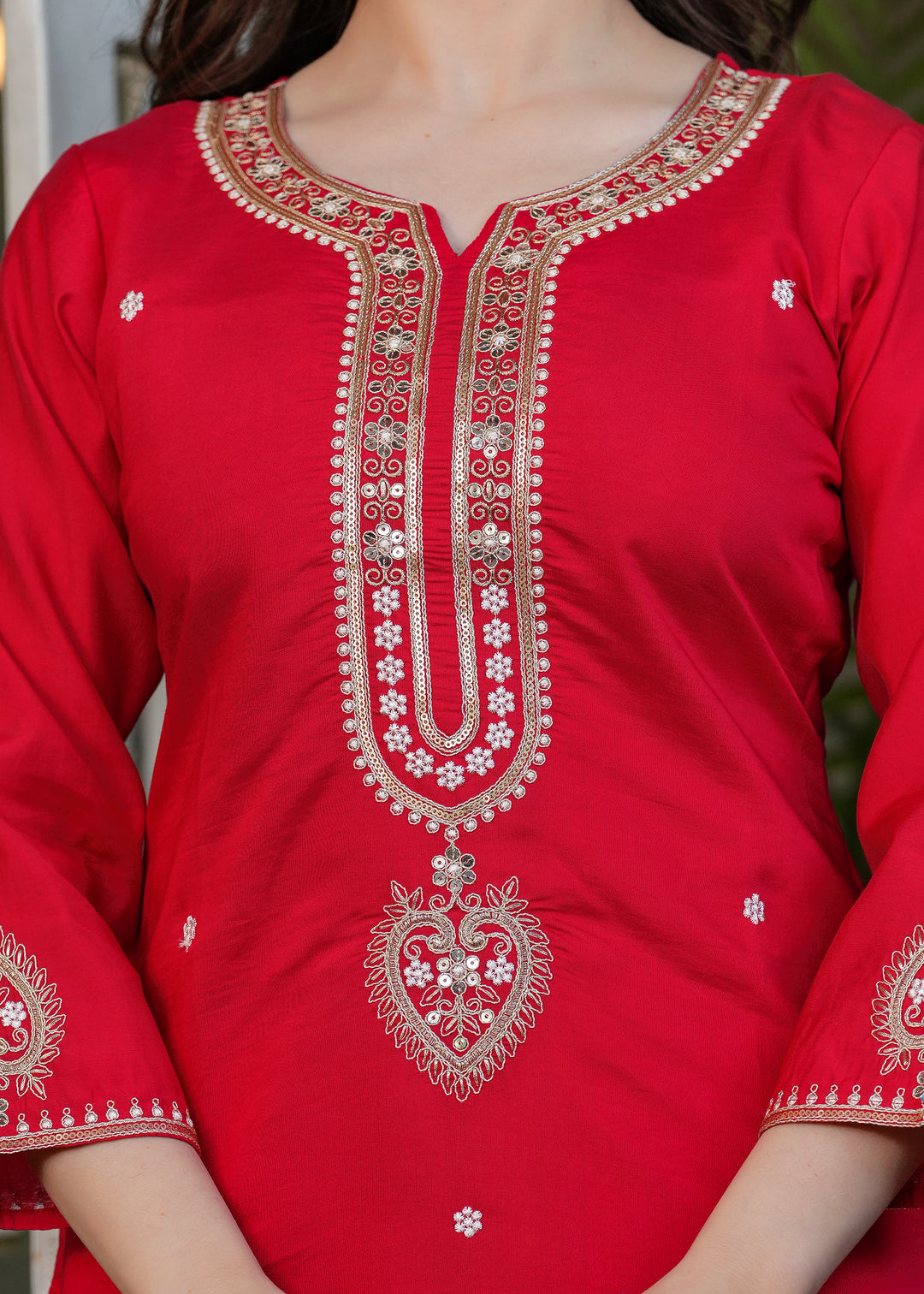 Red Color Viscose Chanderi Embroidery Kurti With Viscose Pant And Jacquard Dupatta Set