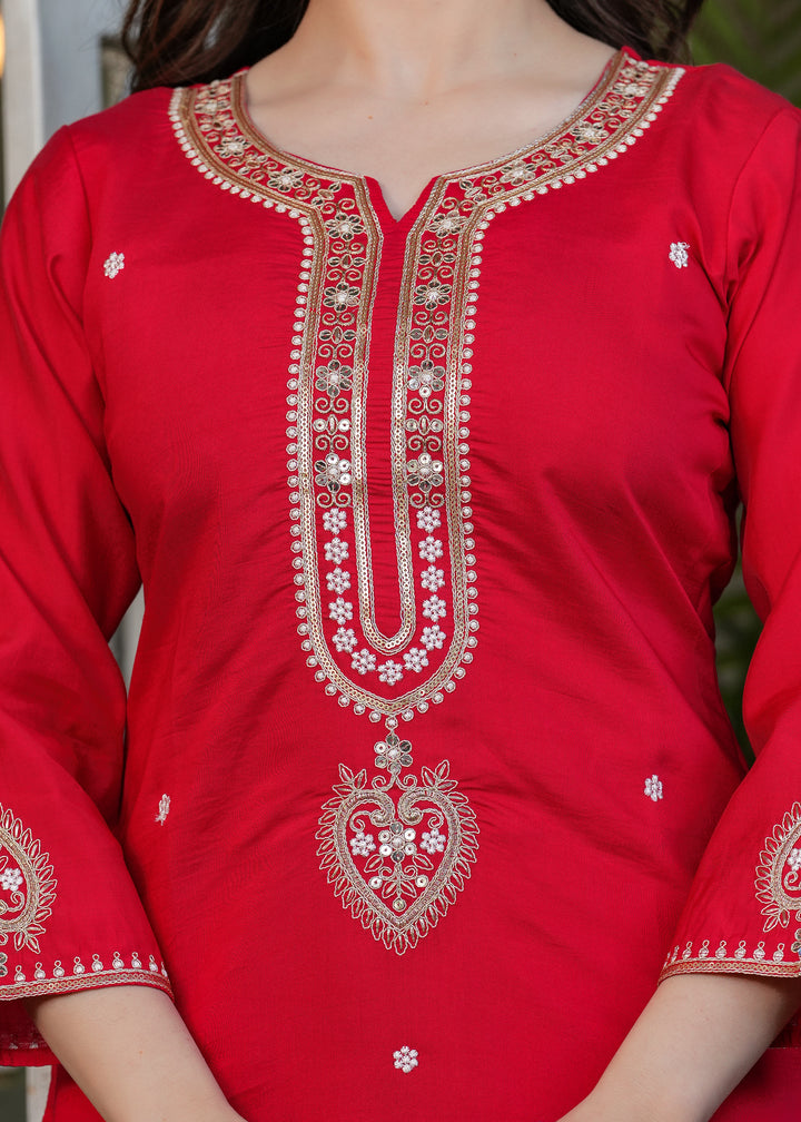 Red Color Viscose Chanderi Embroidery Kurti With Viscose Pant And Jacquard Dupatta Set