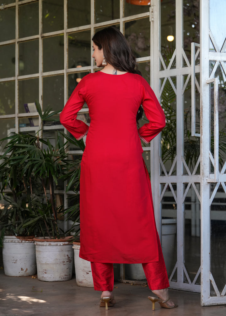 Red Color Viscose Chanderi Embroidery Kurti With Viscose Pant And Jacquard Dupatta Set