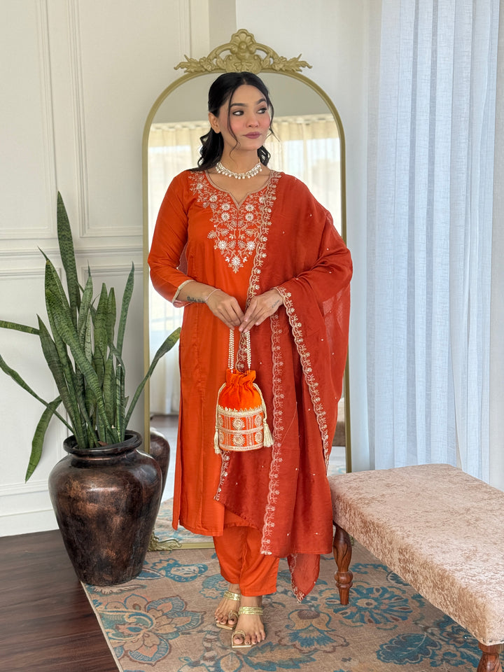 Orange Color Viscose Chinon Kurti With Pant And Heavy Embroidery Dupatta Set
