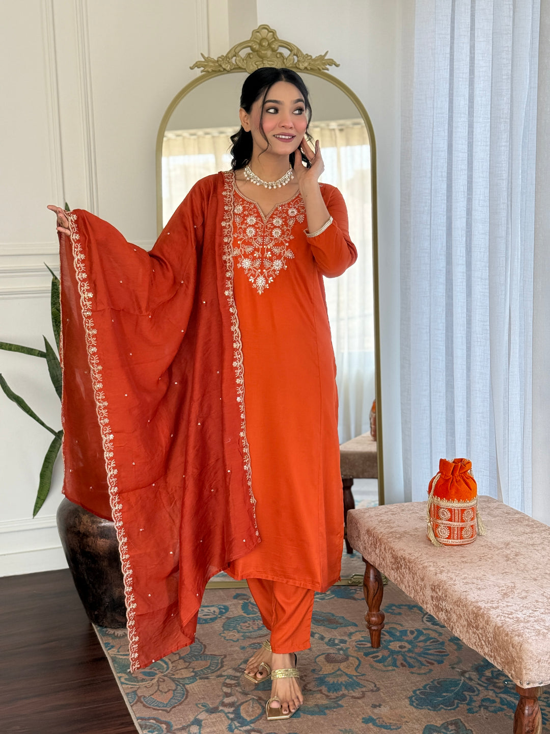 Orange Color Viscose Chinon Kurti With Pant And Heavy Embroidery Dupatta Set