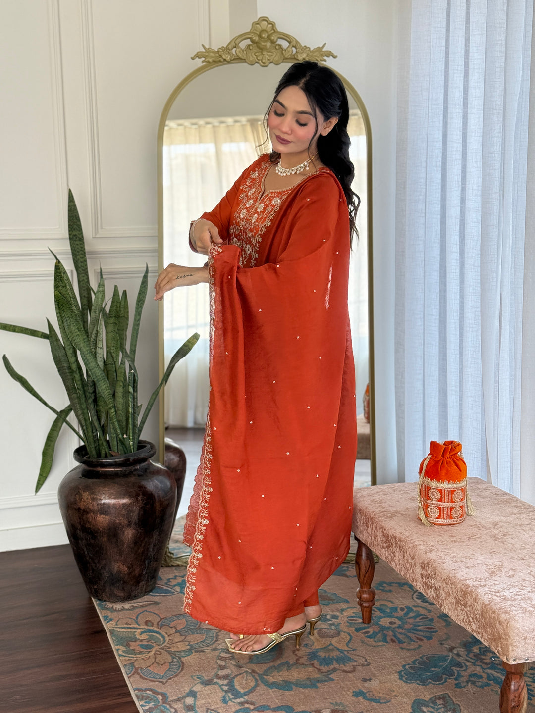 Orange Color Viscose Chinon Kurti With Pant And Heavy Embroidery Dupatta Set