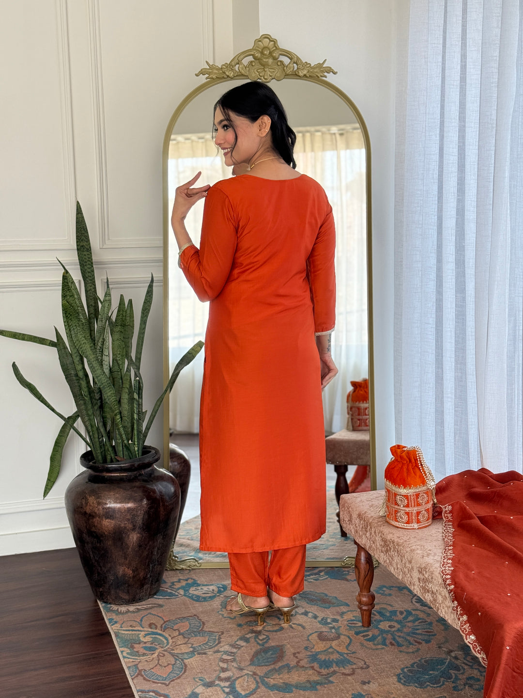 Orange Color Viscose Chinon Kurti With Pant And Heavy Embroidery Dupatta Set