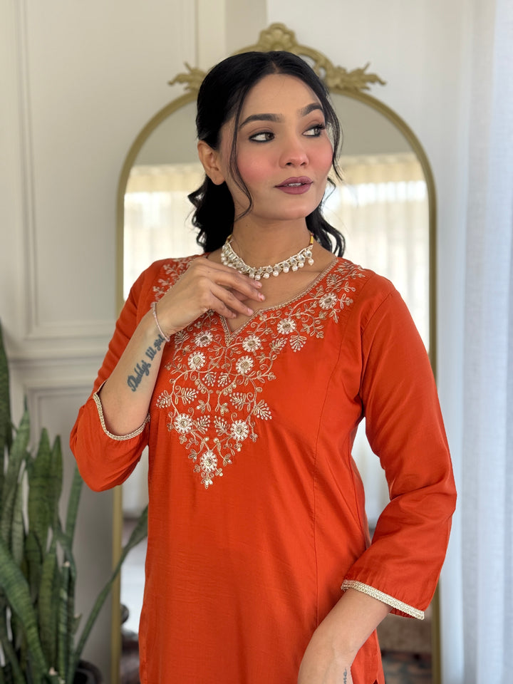 Orange Color Viscose Chinon Kurti With Pant And Heavy Embroidery Dupatta Set