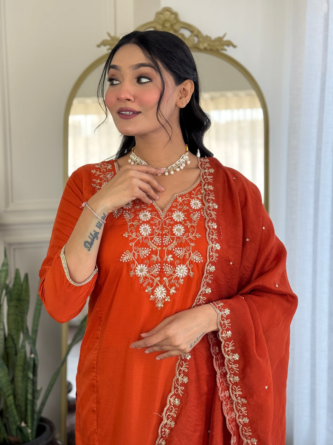Orange Color Viscose Chinon Kurti With Pant And Heavy Embroidery Dupatta Set