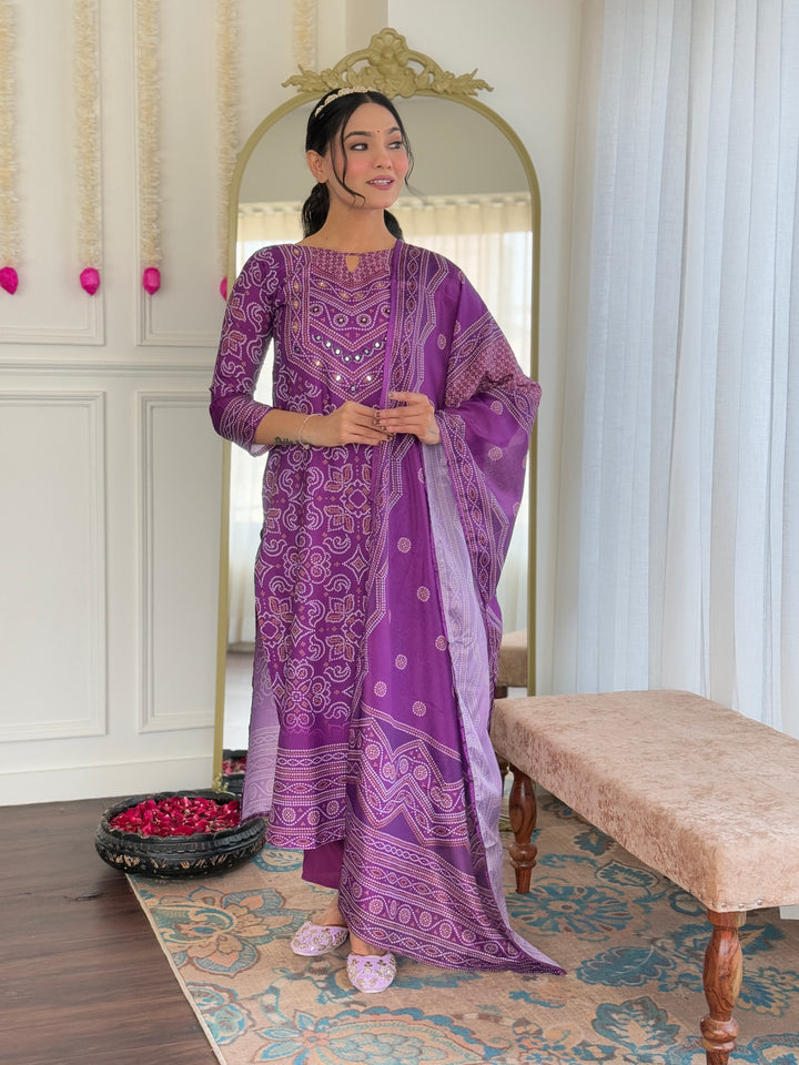 Purple Color Franch Crepe Kurti With Pant And Heavy Embroidery Dupatta Set