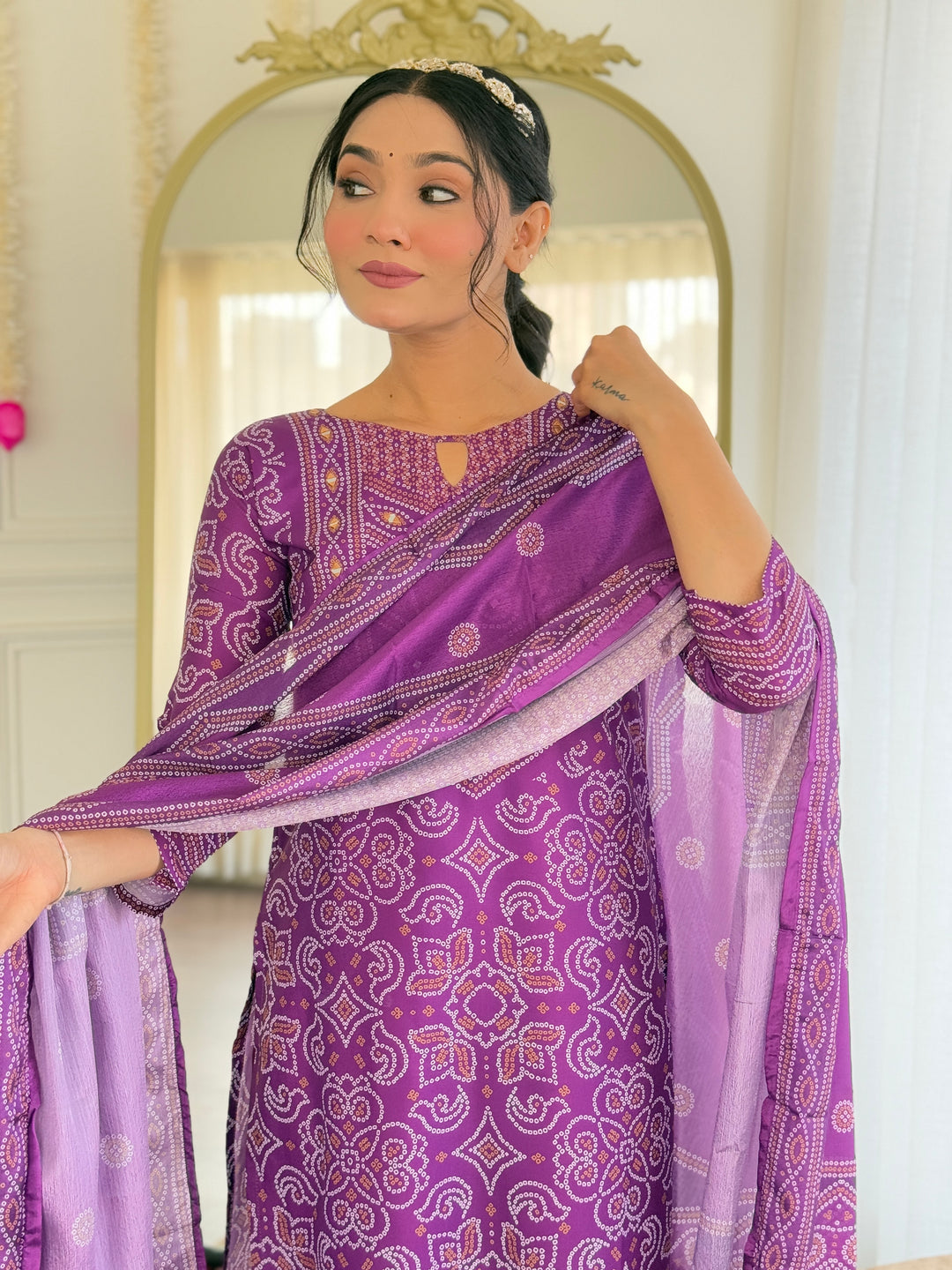 Purple Color Franch Crepe Kurti With Pant And Heavy Embroidery Dupatta Set