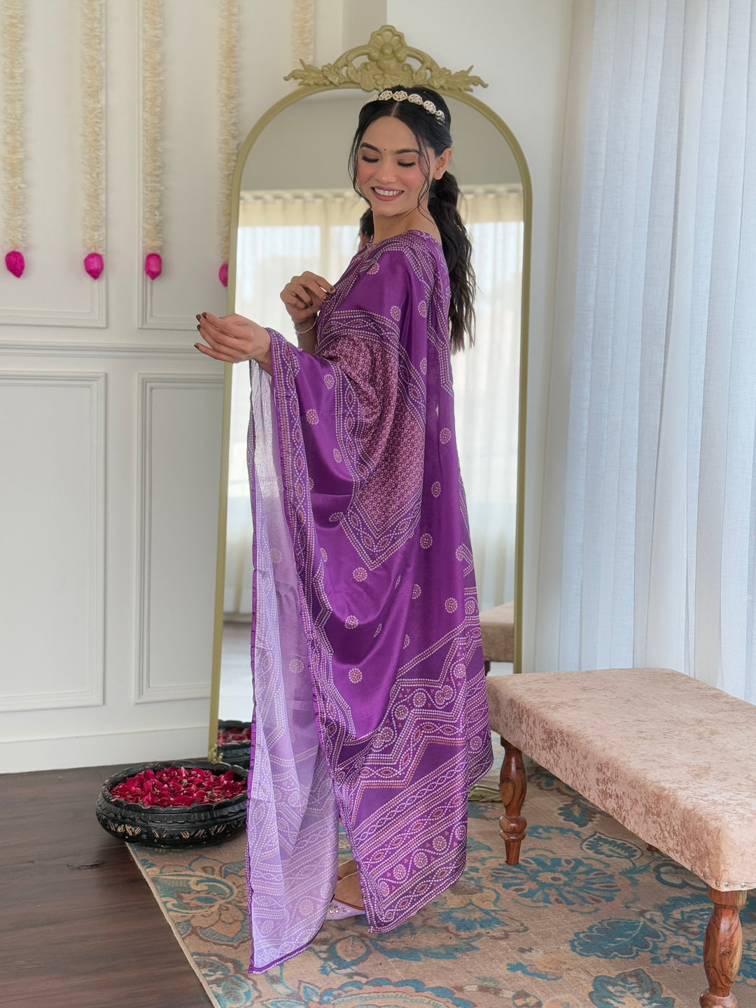 Purple Color Franch Crepe Kurti With Pant And Heavy Embroidery Dupatta Set