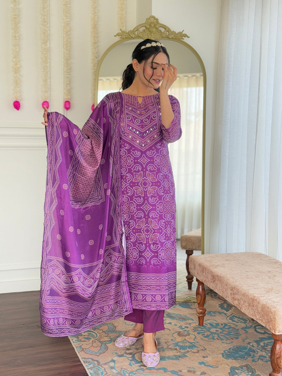 Purple Color Franch Crepe Kurti With Pant And Heavy Embroidery Dupatta Set