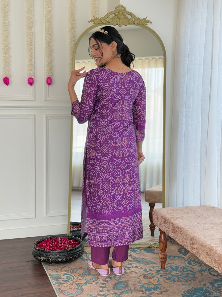 Purple Color Franch Crepe Kurti With Pant And Heavy Embroidery Dupatta Set