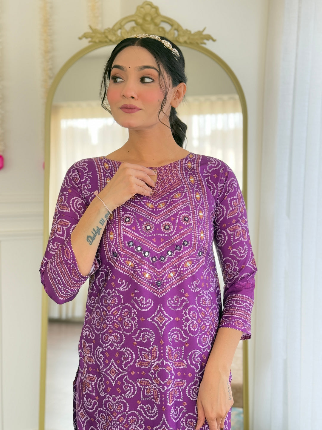 Purple Color Franch Crepe Kurti With Pant And Heavy Embroidery Dupatta Set