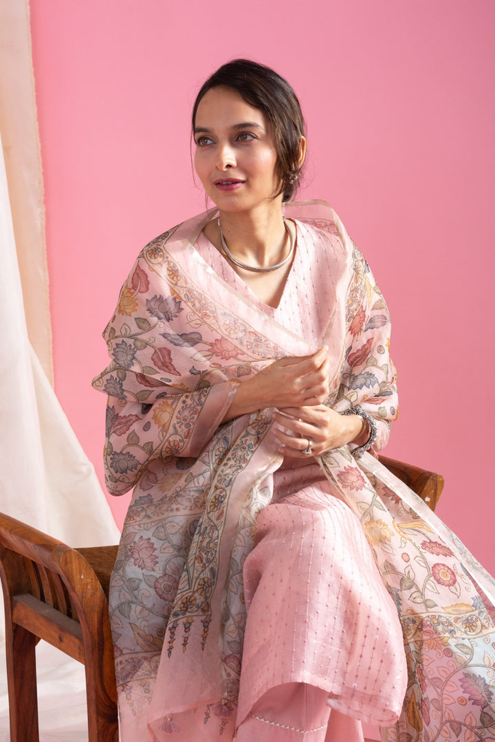 Pink Color Viscose Chanderi Kurti With Pant And Heavy Embroidery Dupatta Set