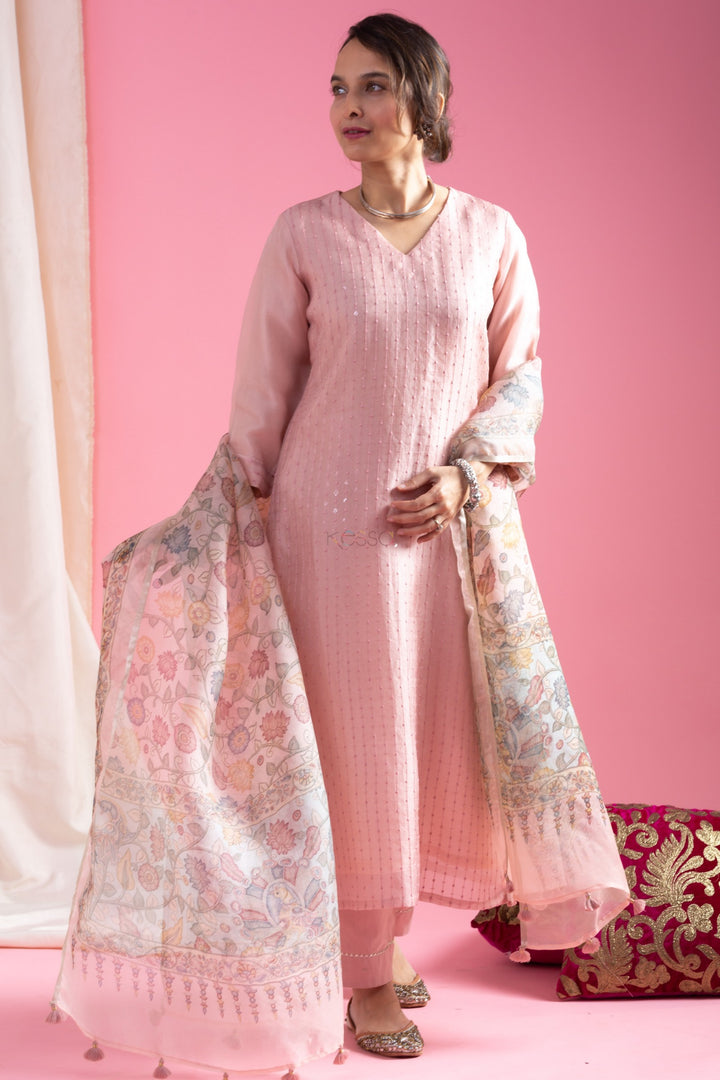 Pink Color Viscose Chanderi Kurti With Pant And Heavy Embroidery Dupatta Set