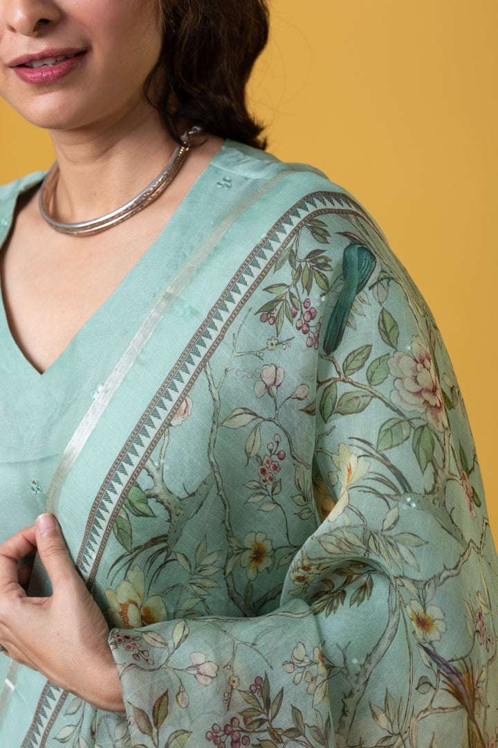 Green Color Viscose Chanderi Kurti With Pant And Heavy Embroidery Dupatta Set