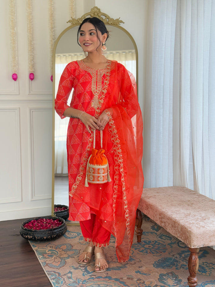 Red Color French Crepe Kurti With Pant And Heavy Embroidery Dupatta Set