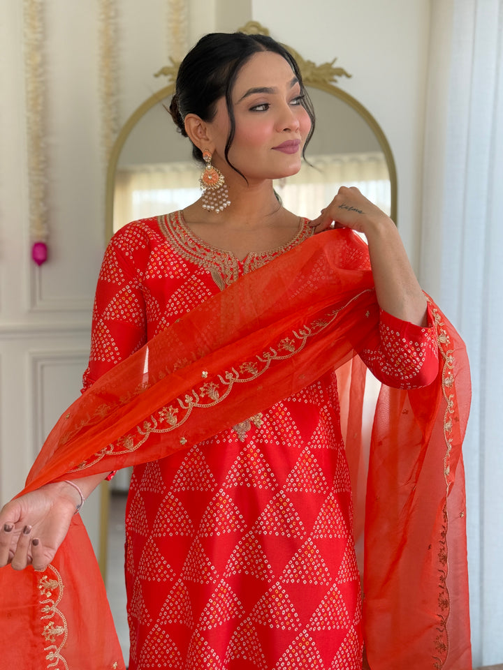 Red Color French Crepe Kurti With Pant And Heavy Embroidery Dupatta Set