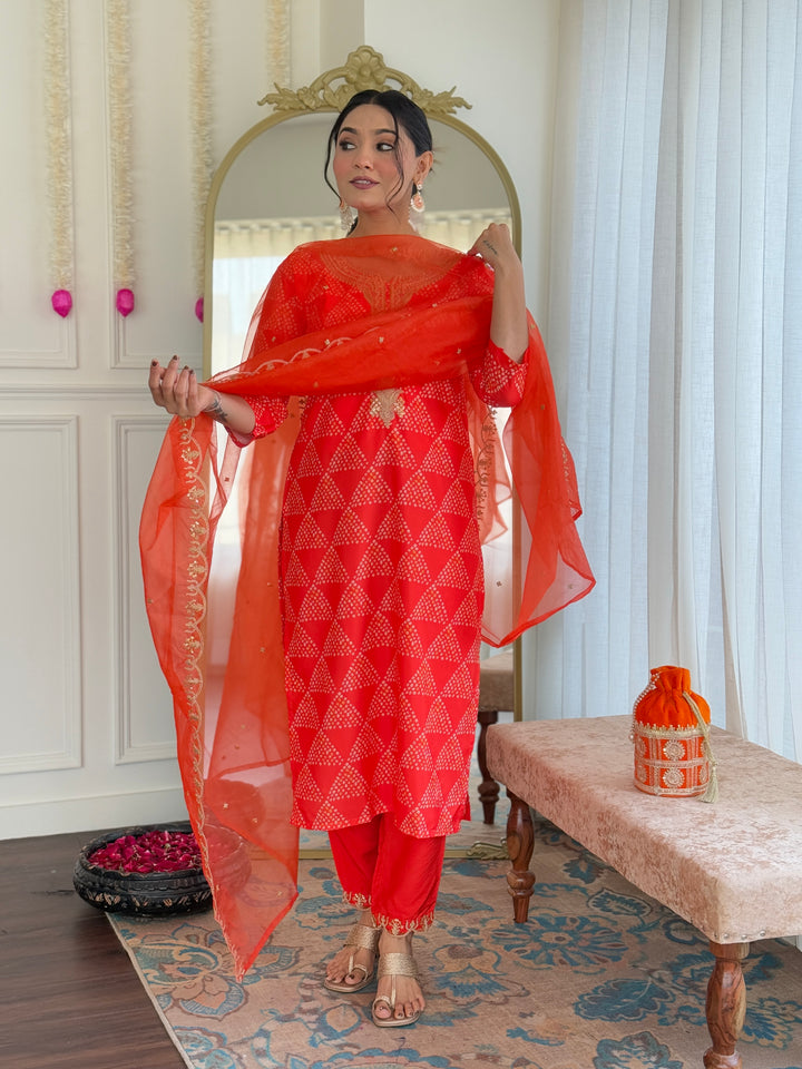 Red Color French Crepe Kurti With Pant And Heavy Embroidery Dupatta Set