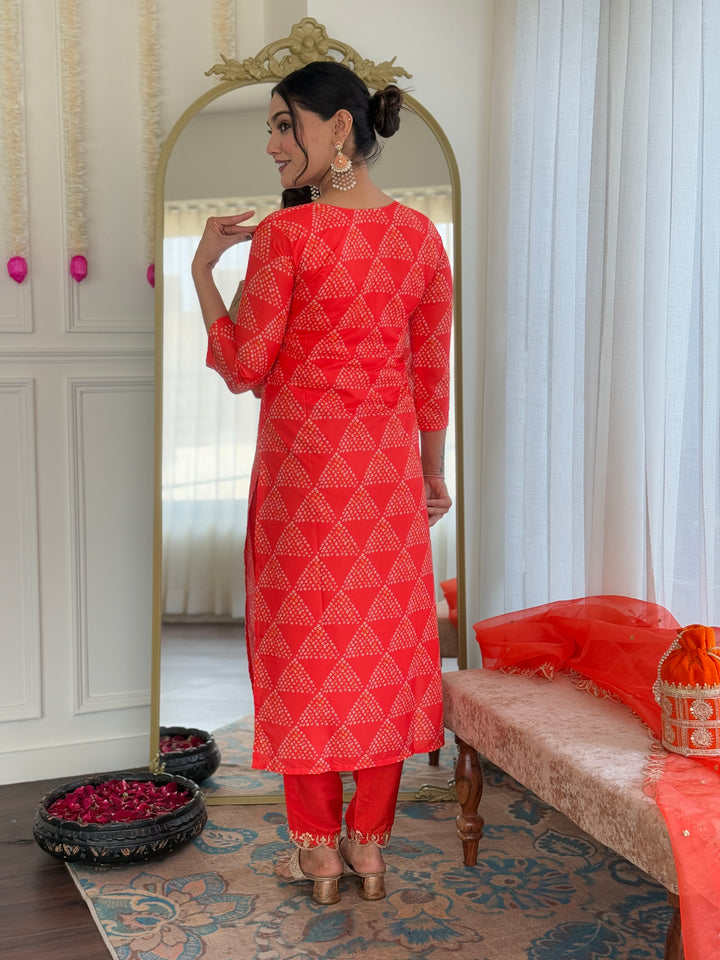 Red Color French Crepe Kurti With Pant And Heavy Embroidery Dupatta Set