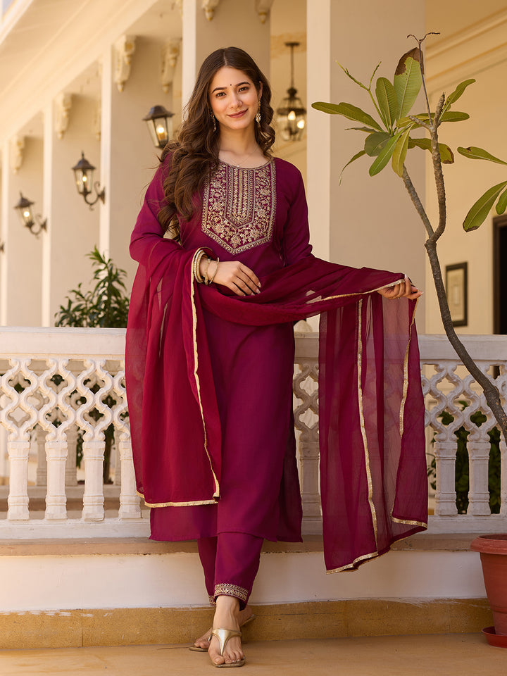 Maroon Color Rayon Kurti With Pant And Heavy Embroidery Dupatta Set