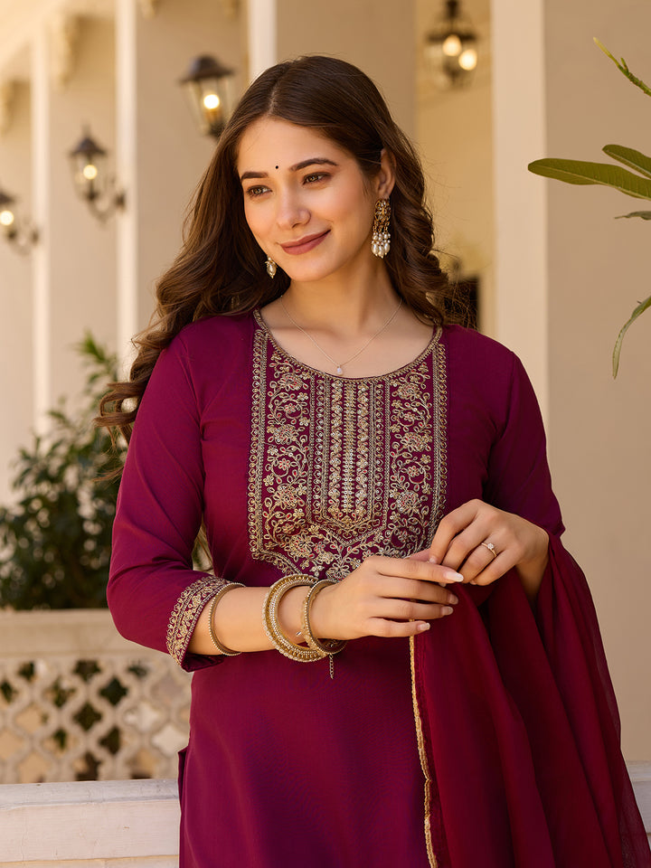 Maroon Color Rayon Kurti With Pant And Heavy Embroidery Dupatta Set
