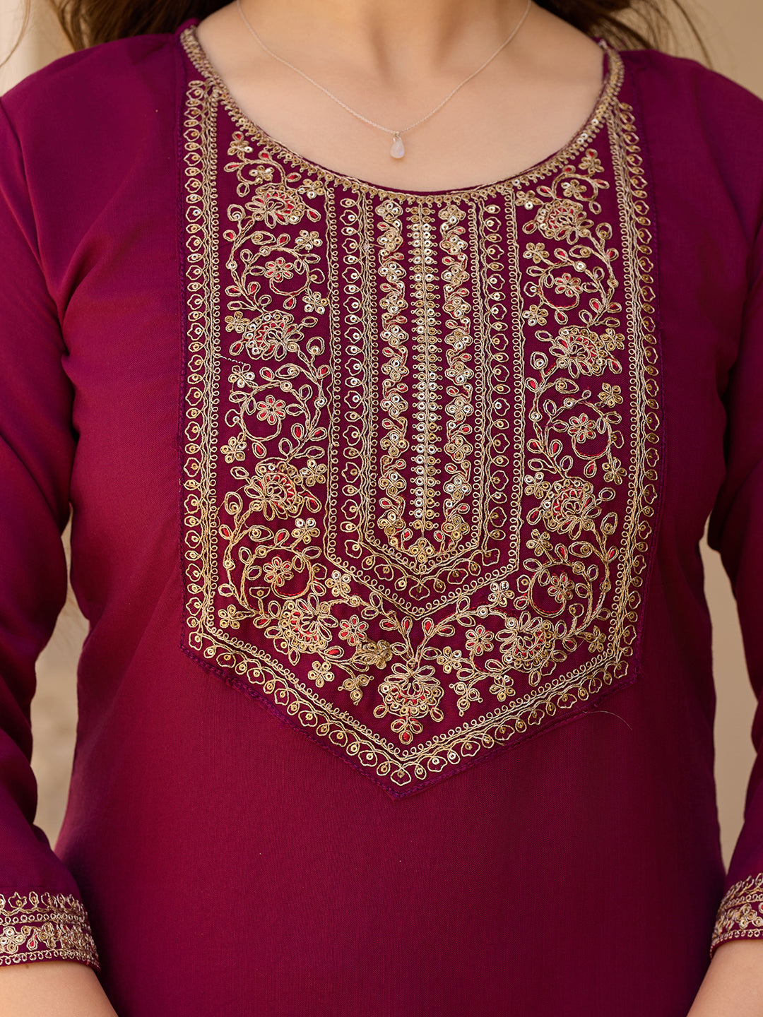 Maroon Color Rayon Kurti With Pant And Heavy Embroidery Dupatta Set