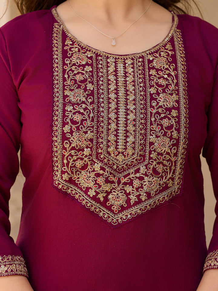 Maroon Color Rayon Kurti With Pant And Heavy Embroidery Dupatta Set