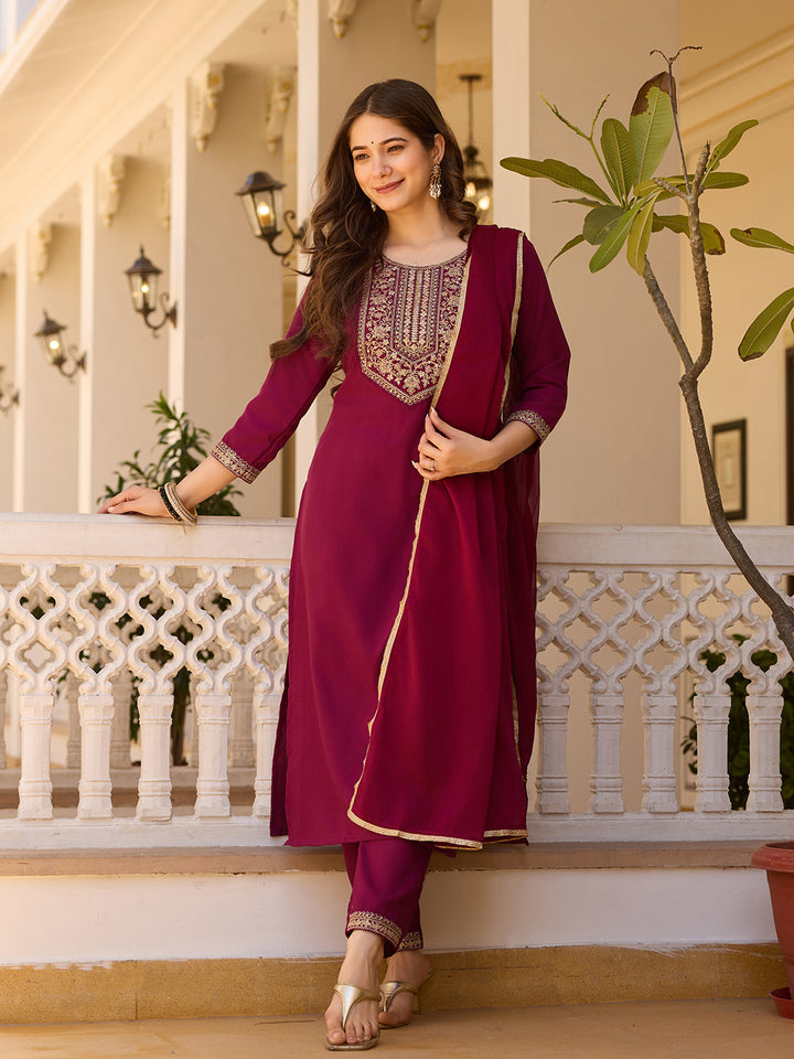 Maroon Color Rayon Kurti With Pant And Heavy Embroidery Dupatta Set