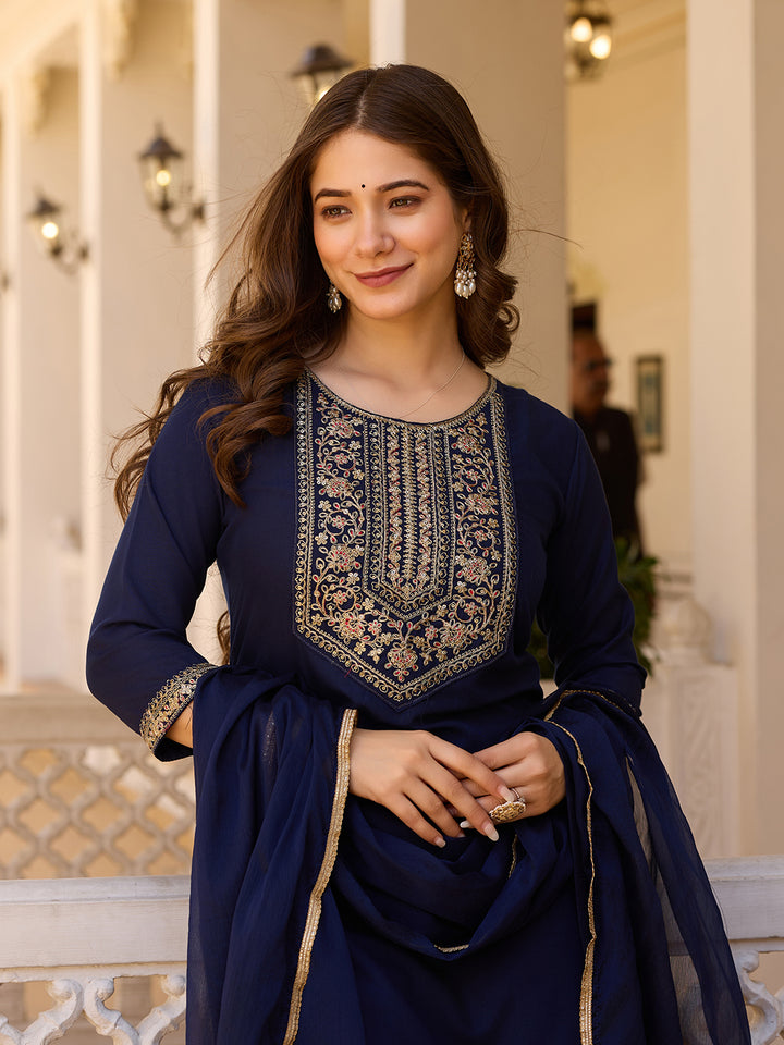 Navy Blue Color Rayon Kurti With Pant And Heavy Embroidery Dupatta Set