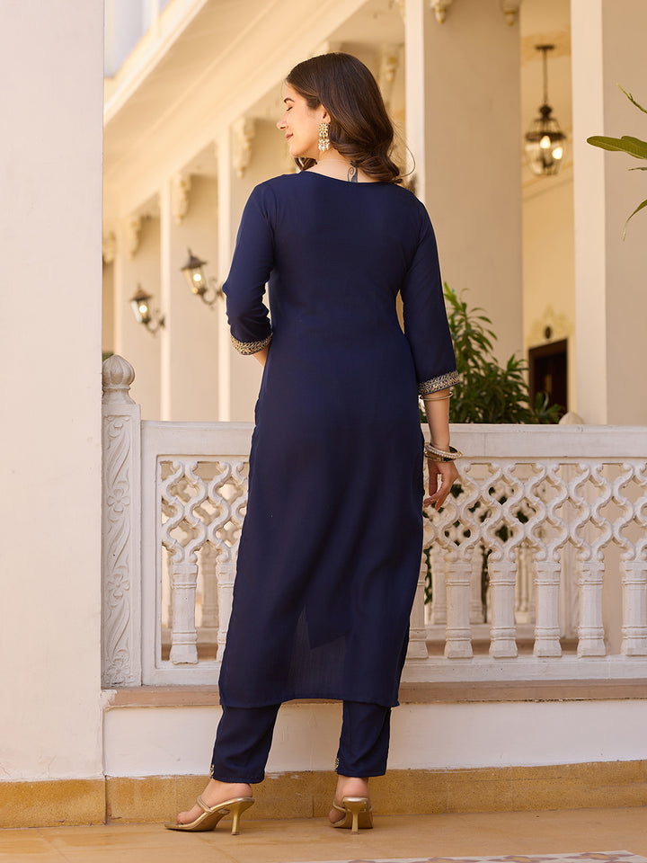 Navy Blue Color Rayon Kurti With Pant And Heavy Embroidery Dupatta Set